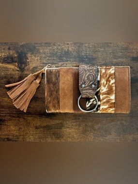 Tony Lama Rustic Brown Leather & Hair-On Cowhide Wristlet Wallet with Tassel